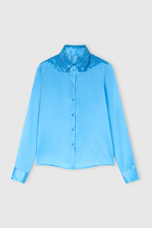Stretch silk satin shirt with lace collar