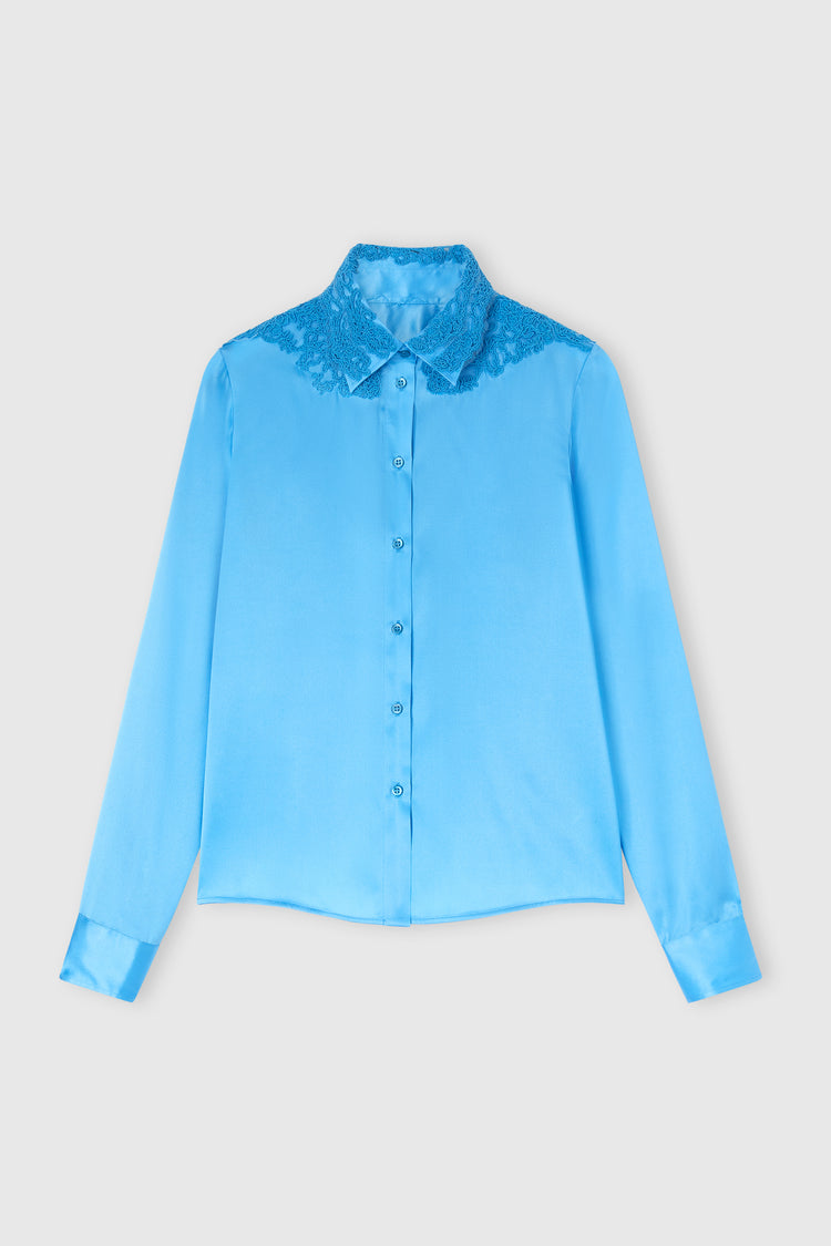 Stretch silk satin shirt with lace collar