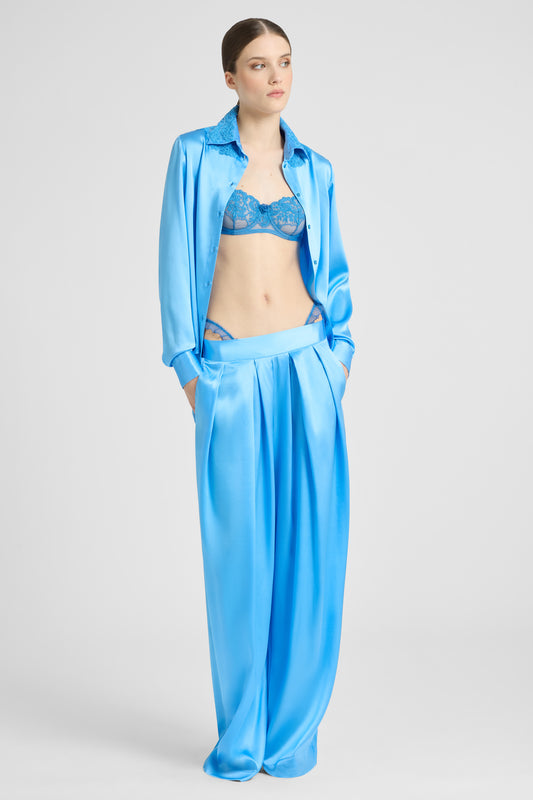 Stretch silk satin shirt with lace collar