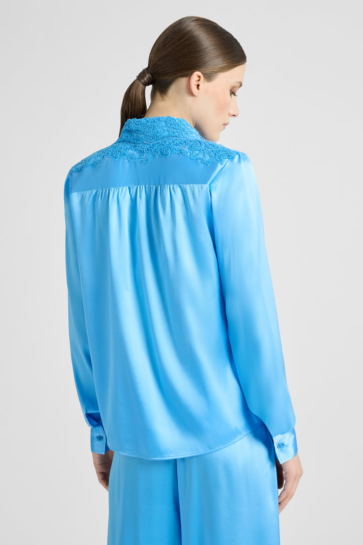Stretch silk satin shirt with lace collar