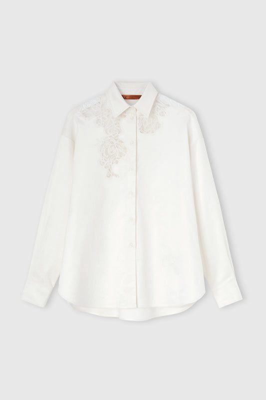 Cotton velvet shirt with cutwork embroidery and floral lace