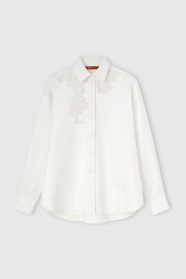 Camicia in velluto di cotone con ricamo a intaglio e pizzo floreale
