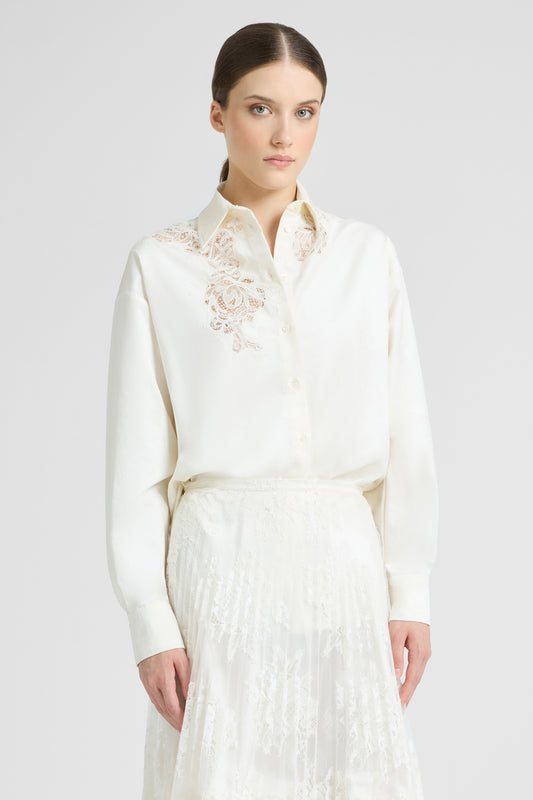 Cotton velvet shirt with cutwork embroidery and floral lace