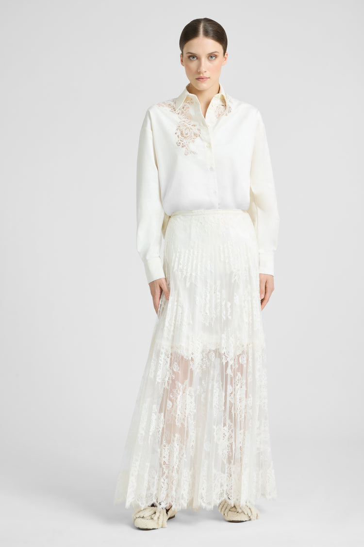 Camicia in velluto di cotone con ricamo a intaglio e pizzo floreale