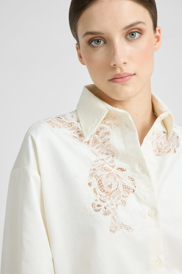 Camicia in velluto di cotone con ricamo a intaglio e pizzo floreale