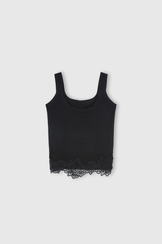 Virgin wool blend camisole with rebrode lace hem