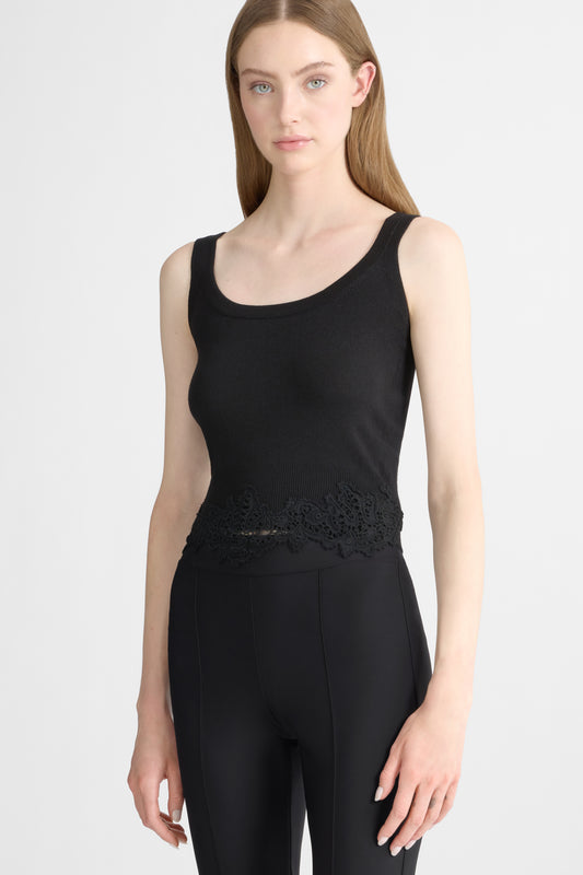 Virgin wool blend camisole with rebrode lace hem