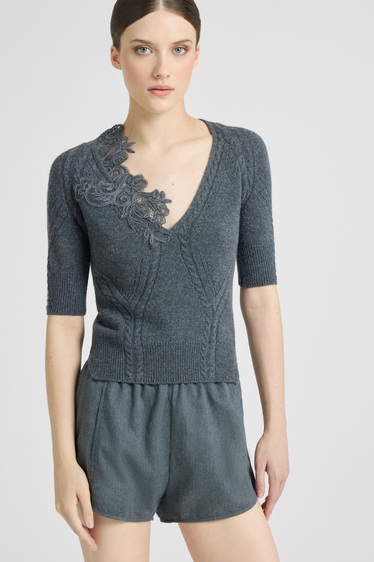 Wool and cashmere top with diagonal braid and Cornely lace
