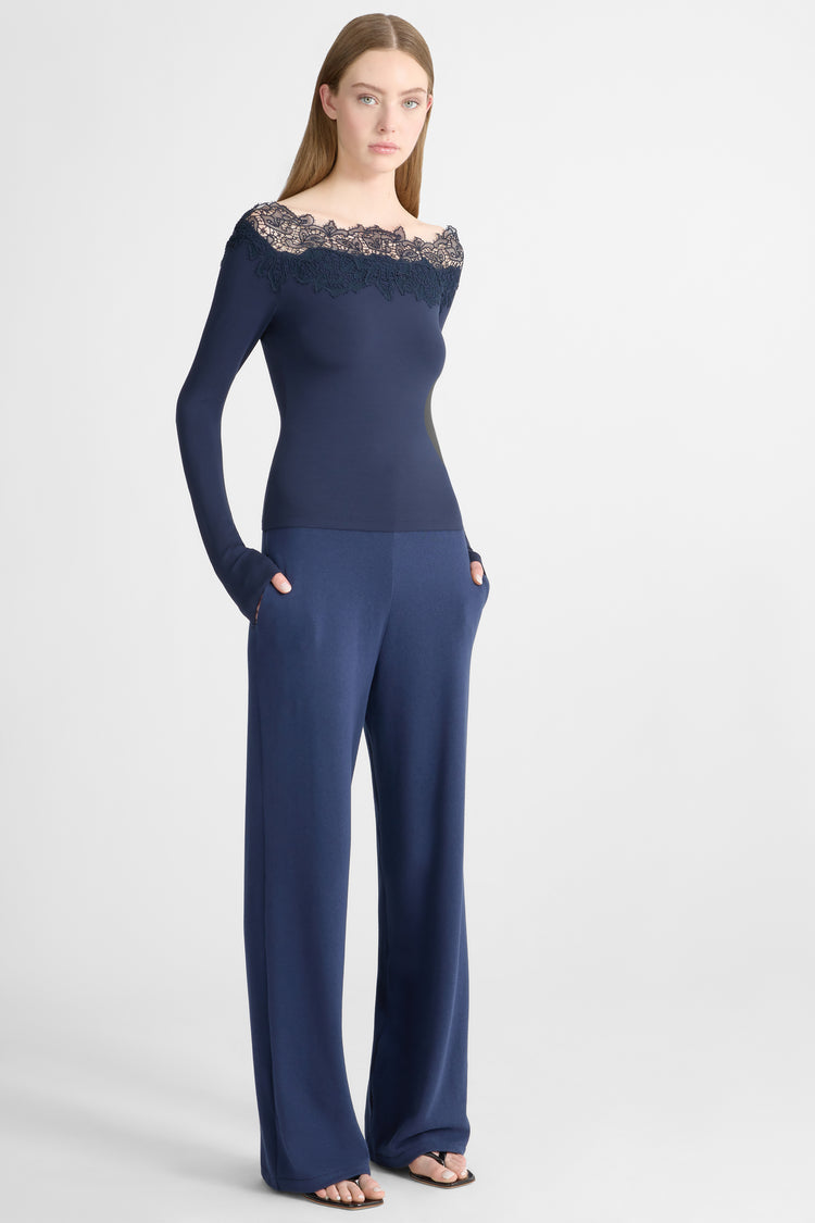 Crepe jersey top with macrame lace and cut-out tulle inserts