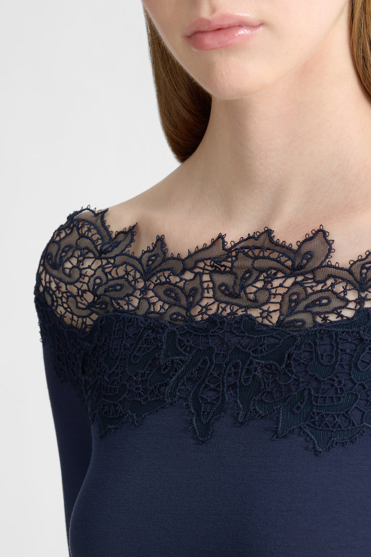 Crepe jersey top with macrame lace and cut-out tulle inserts