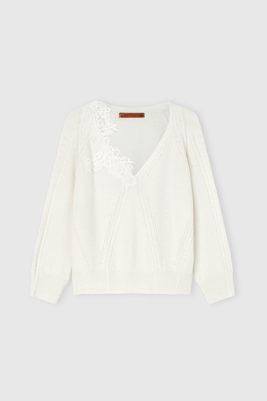 Oversized wool and cashmere sweater with braids and Cornely lace