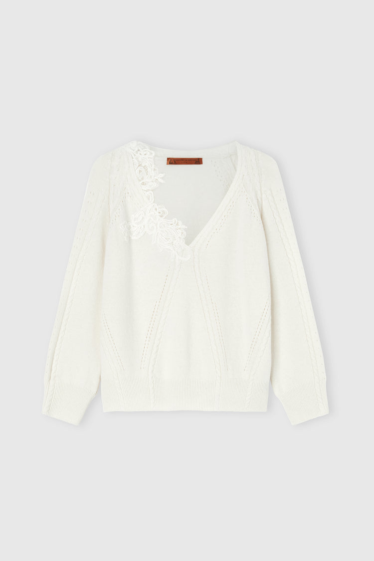 Oversized wool and cashmere sweater with braids and Cornely lace