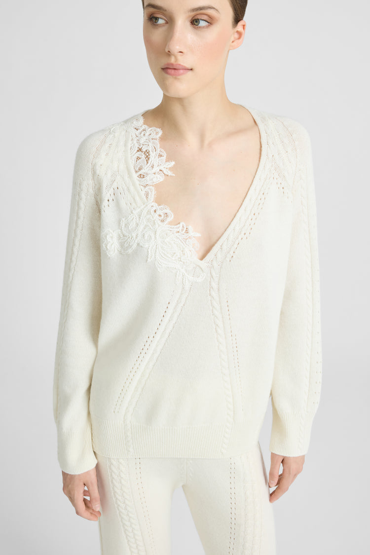 Oversized wool and cashmere sweater with braids and Cornely lace