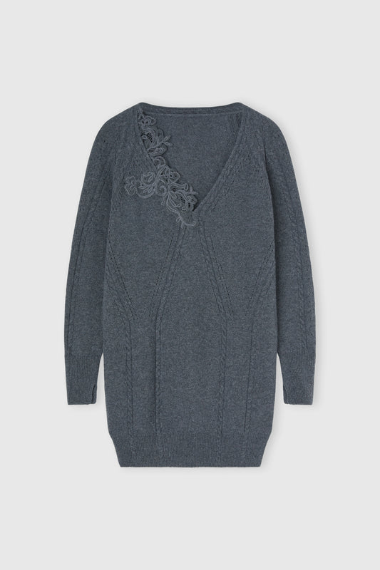 Wool and cashmere sweater-dress with braid and mohair rebrode lace