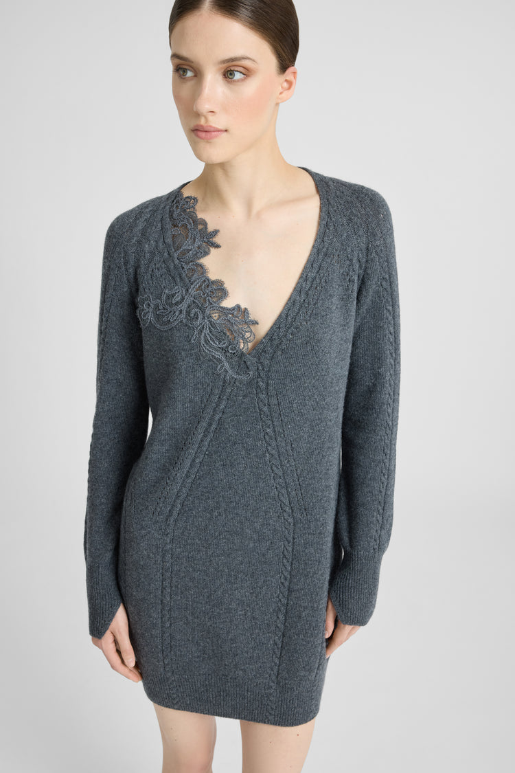 Wool and cashmere sweater-dress with braid and mohair rebrode lace