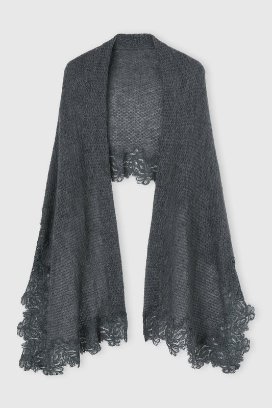 Wool and mohair blend shawl with pashmina effect and rebrode lace