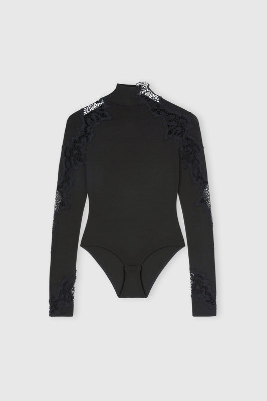 Long-sleeve crepe jersey bodysuit with macrame lace