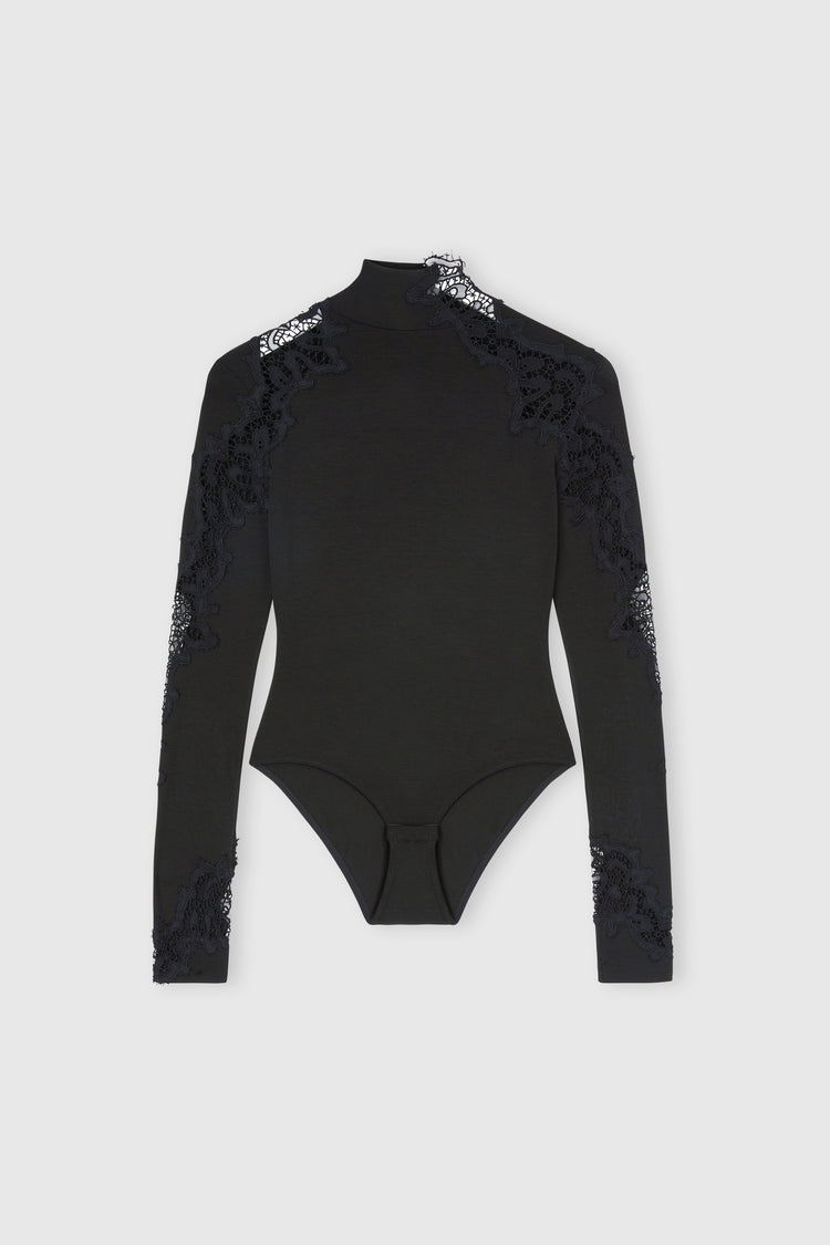 Long-sleeve crepe jersey bodysuit with macrame lace
