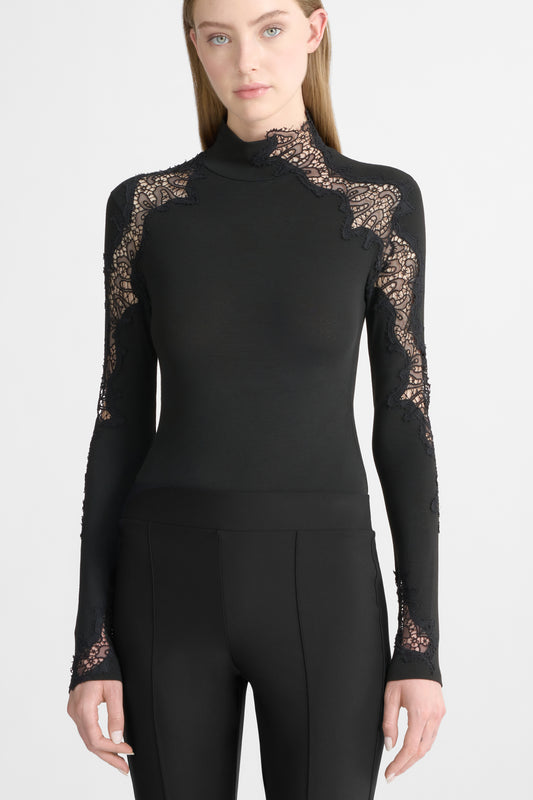 Long-sleeve crepe jersey bodysuit with macrame lace