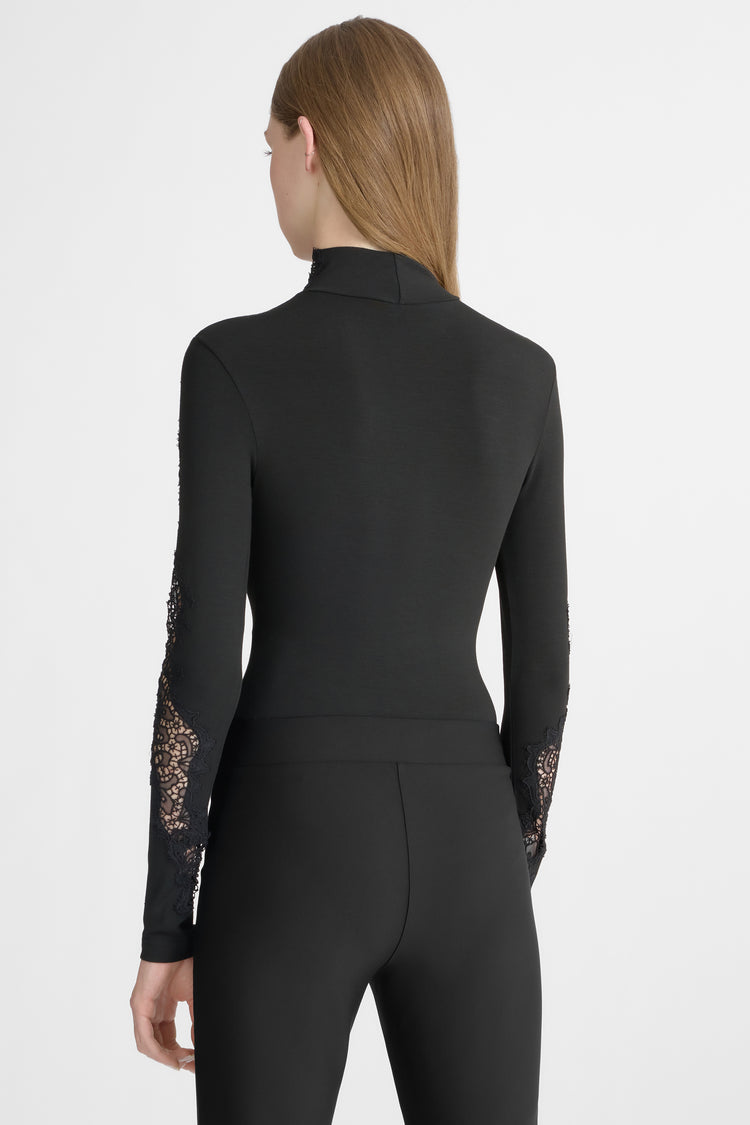 Long-sleeve crepe jersey bodysuit with macrame lace