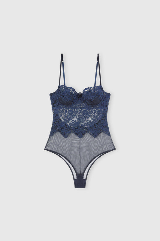 Lingerie bodysuit in stretch sheer tulle with three-dimensional floral embroidery