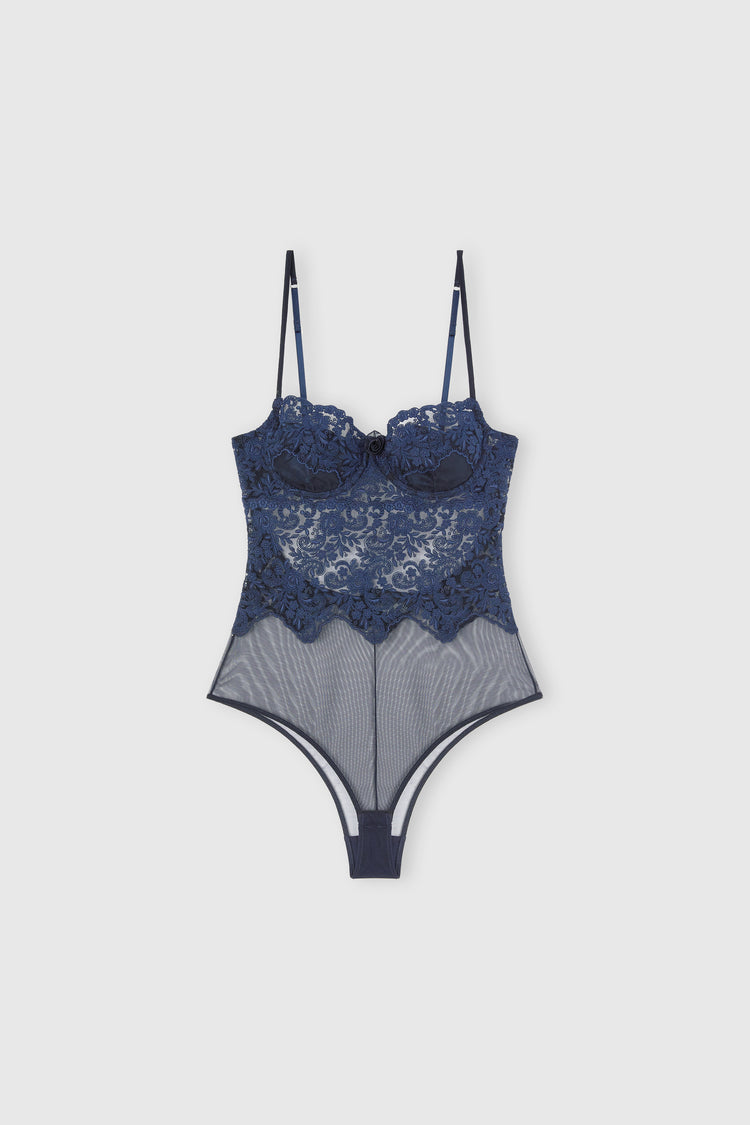 Lingerie bodysuit in stretch sheer tulle with three-dimensional floral embroidery
