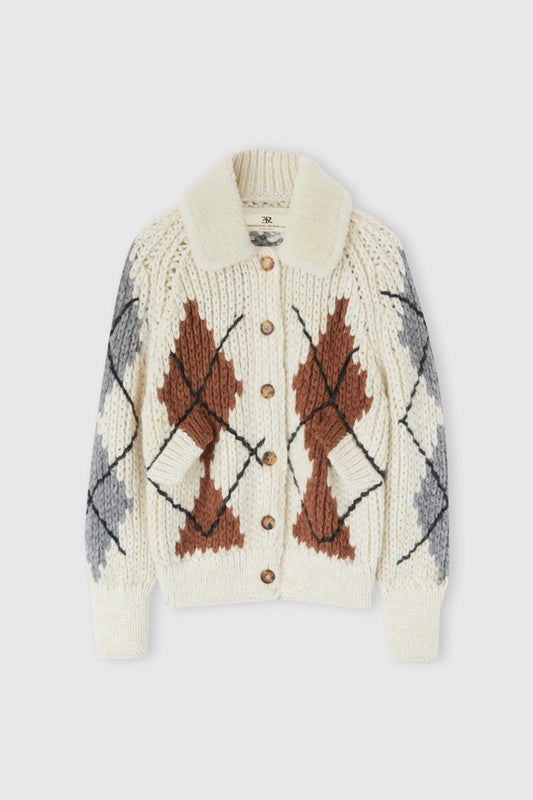 Cardigan in misto alpaca e cashmere con trecce e motivo argyle bicolore