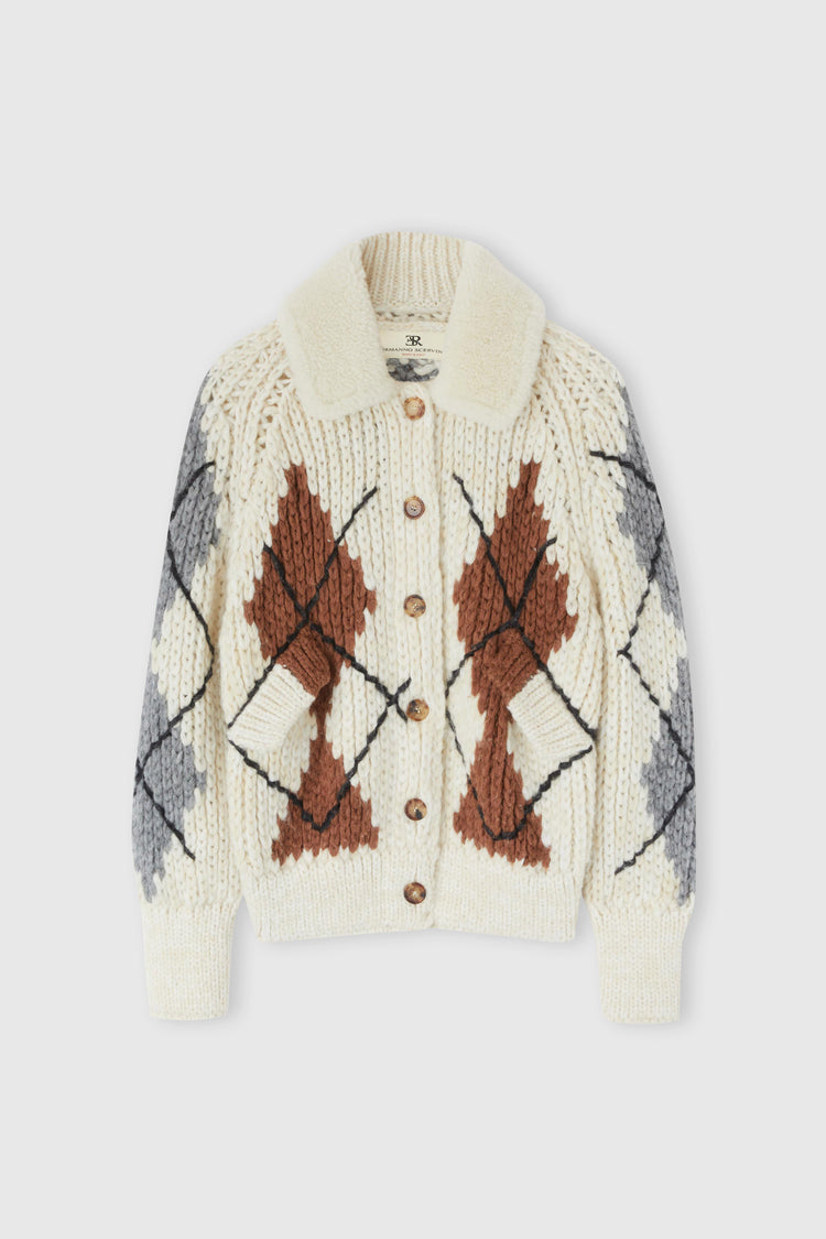 Alpaca and cashmere blend cardigan with braids and two-tone argyle motif
