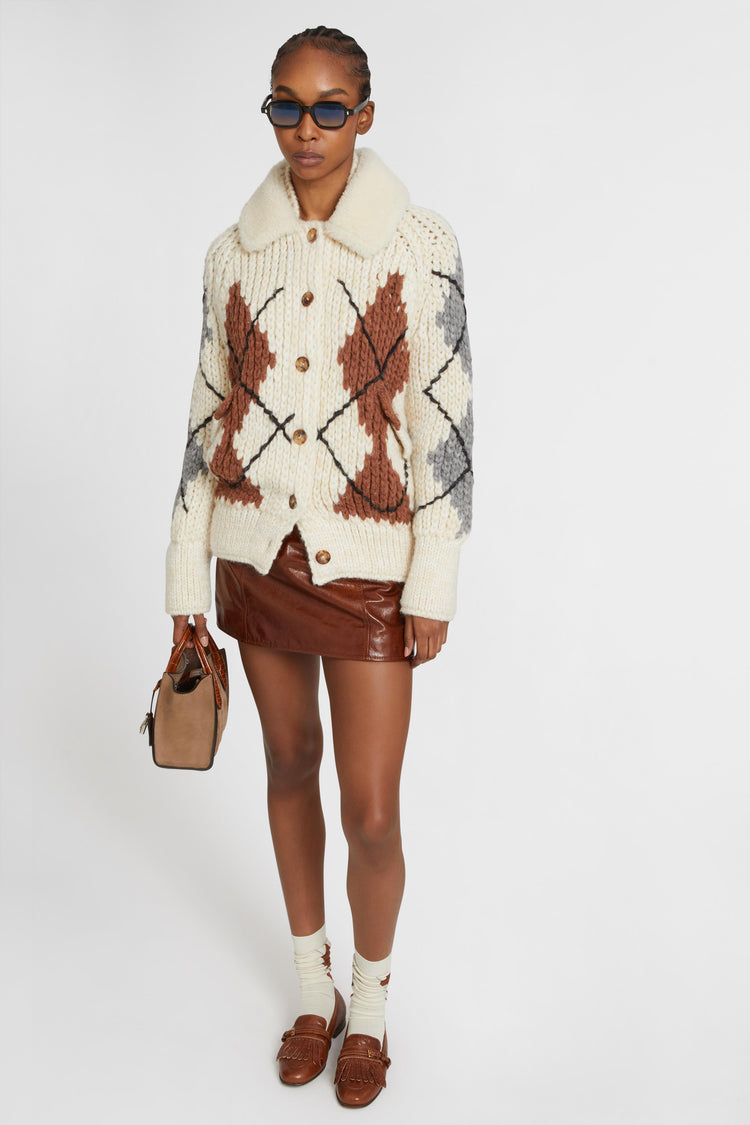 Alpaca and cashmere blend cardigan with braids and two-tone argyle motif