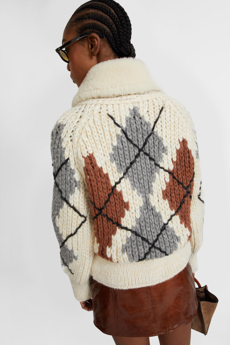 Alpaca and cashmere blend cardigan with braids and two-tone argyle motif