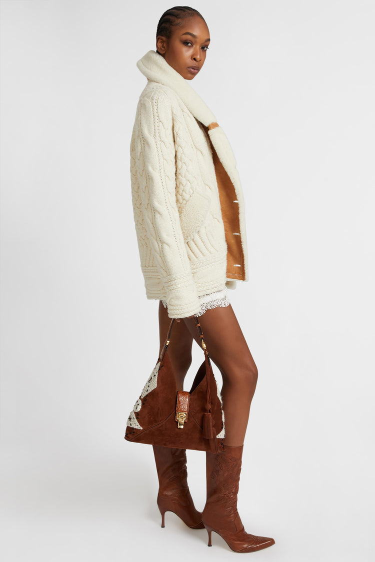 Merino wool cardigan-coat with leather and sheepskin details