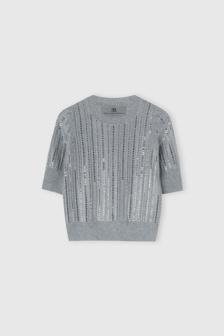 Top in lana vergine, cashmere e viscosa con cristalli baguette