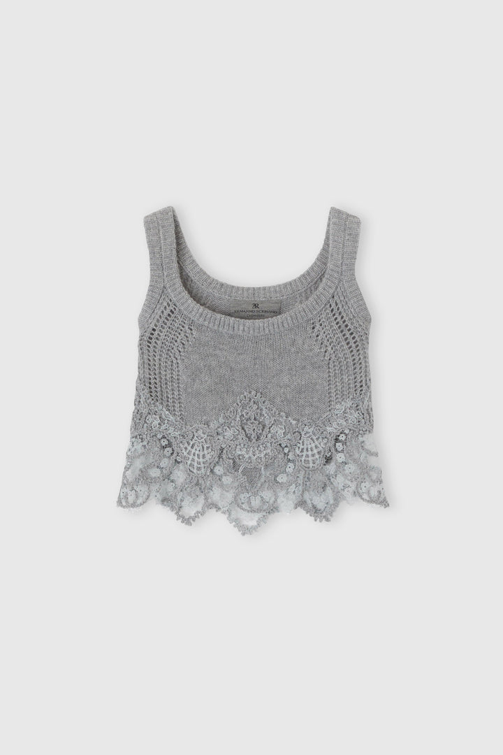 Pure cashmere top with rebrodé lace and jour inserts