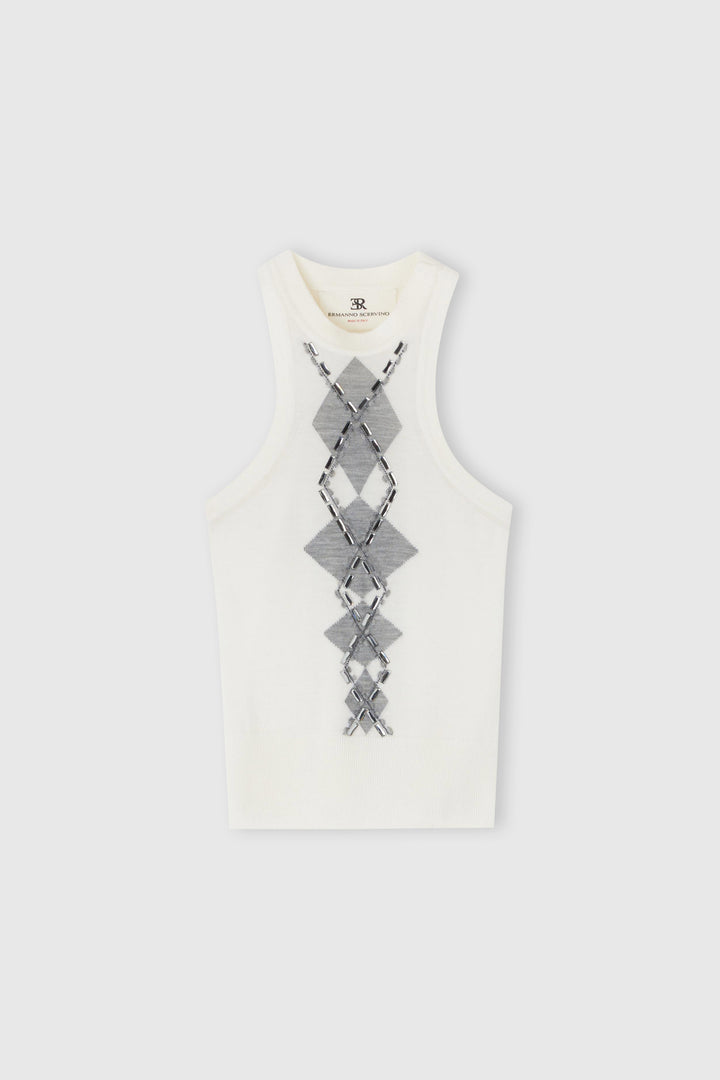 Merino wool tank top with argyle motif and baguette crystals