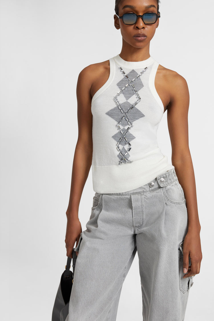 Merino wool tank top with argyle motif and baguette crystals