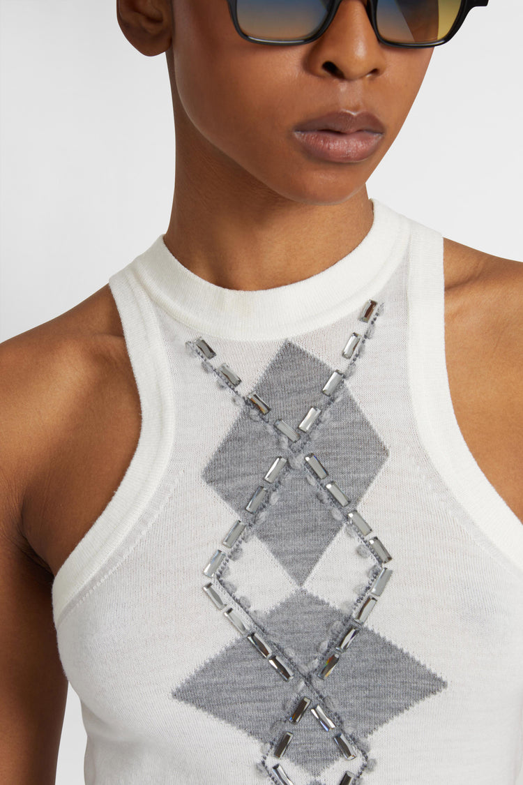 Merino wool tank top with argyle motif and baguette crystals