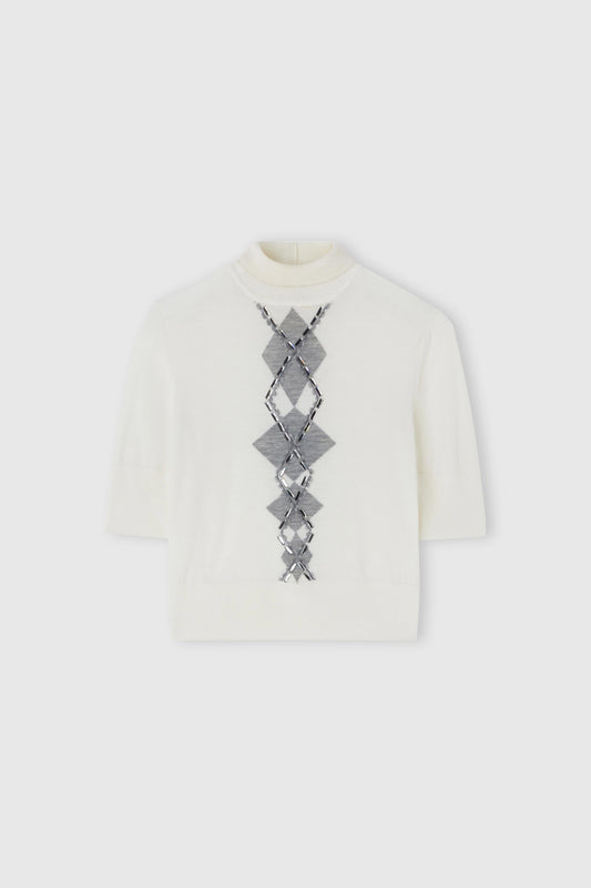 Merino wool top with argyle motif and baguette crystals