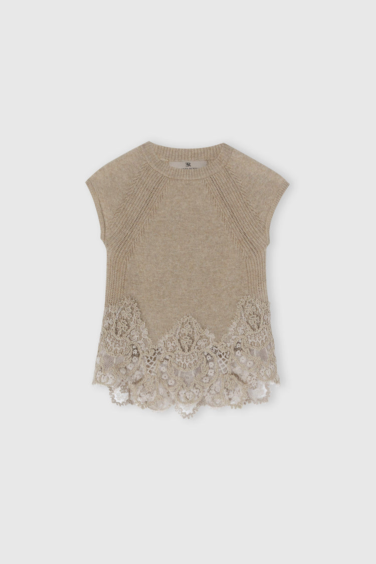 Pure cashmere top with rebrode lace and jour inserts