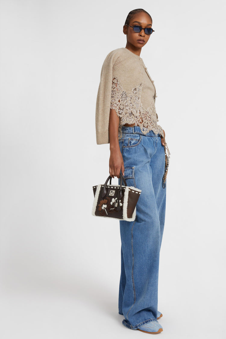 Pure cashmere top with rebrode lace and jour inserts