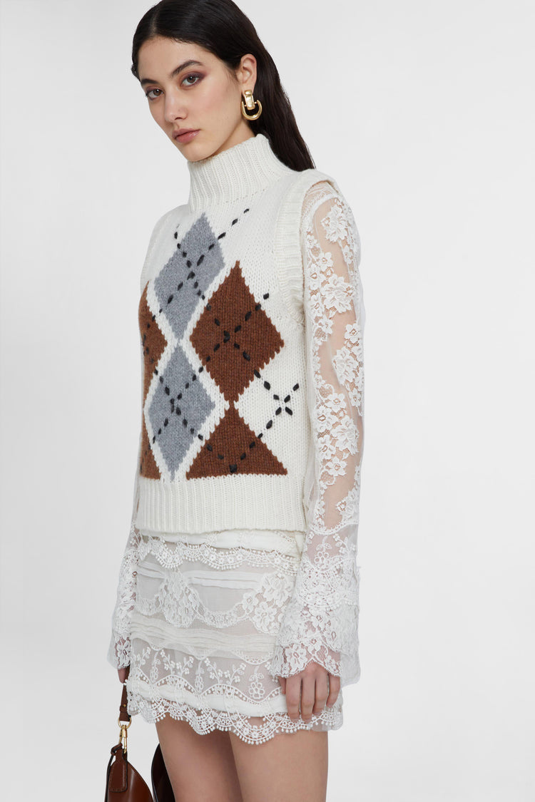 Pure cashmere top with two-tone argyle motif