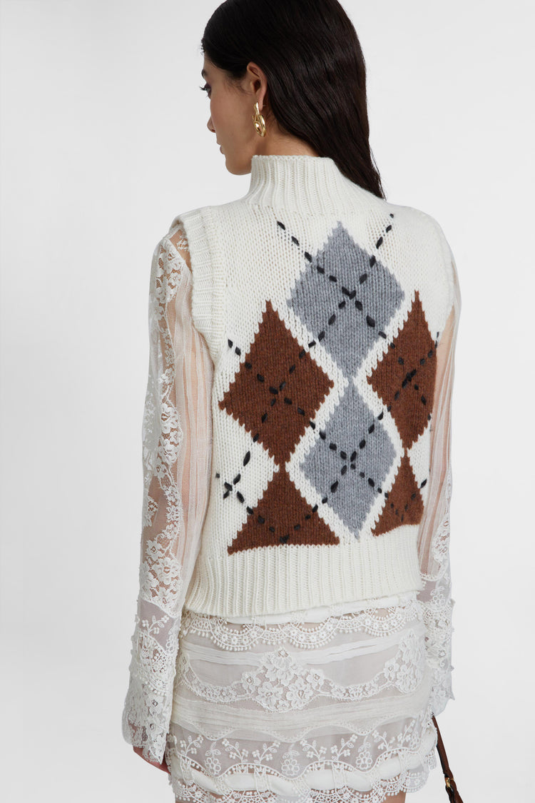 Pure cashmere top with two-tone argyle motif