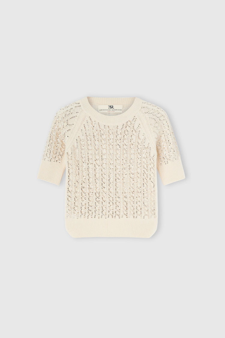 Short-sleeve sweater in virgin wool and silk blend with crystals