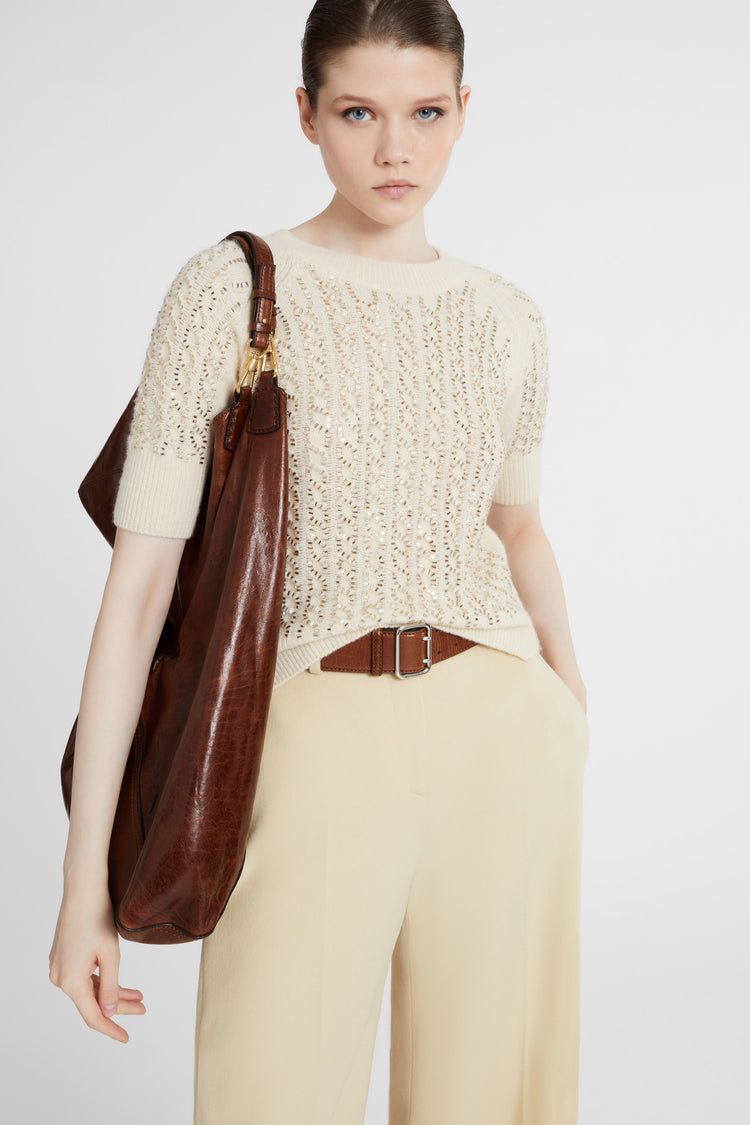 Short-sleeve sweater in virgin wool and silk blend with crystals