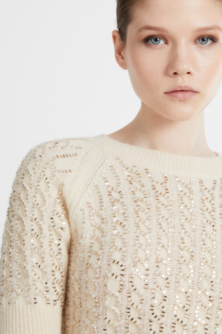 Short-sleeve sweater in virgin wool and silk blend with crystals