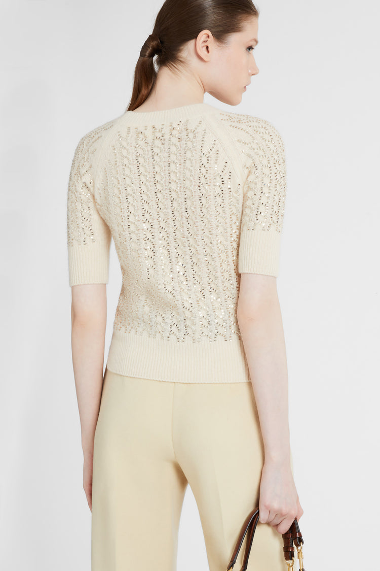 Short-sleeve sweater in virgin wool and silk blend with crystals
