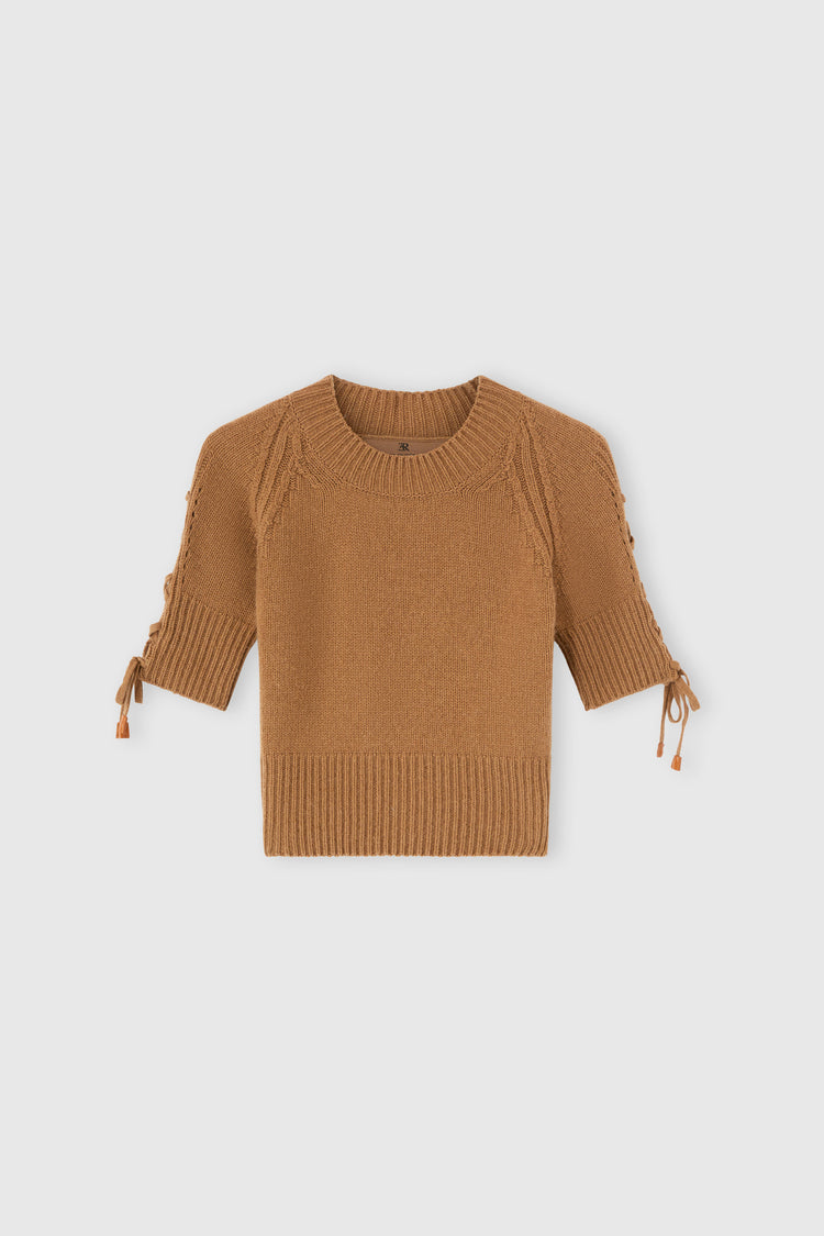 Short-sleeve sweater in pure cashmere with side braid detail