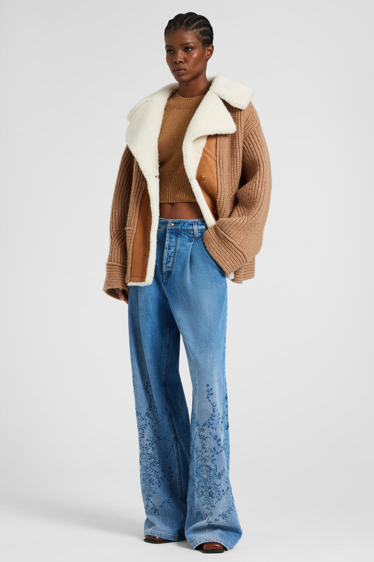 Short-sleeve sweater in pure cashmere with side braid detail