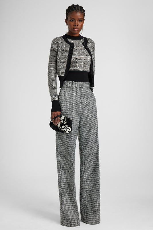 Half-sleeve sweater in wool blend with pied de poule jacquard and crystals