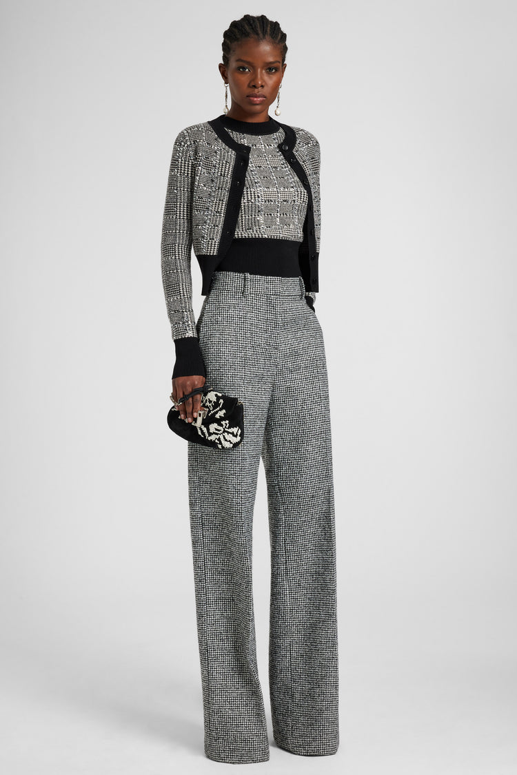 Maglia a mezza manica in misto lana con jaquard pied de poule e cristalli