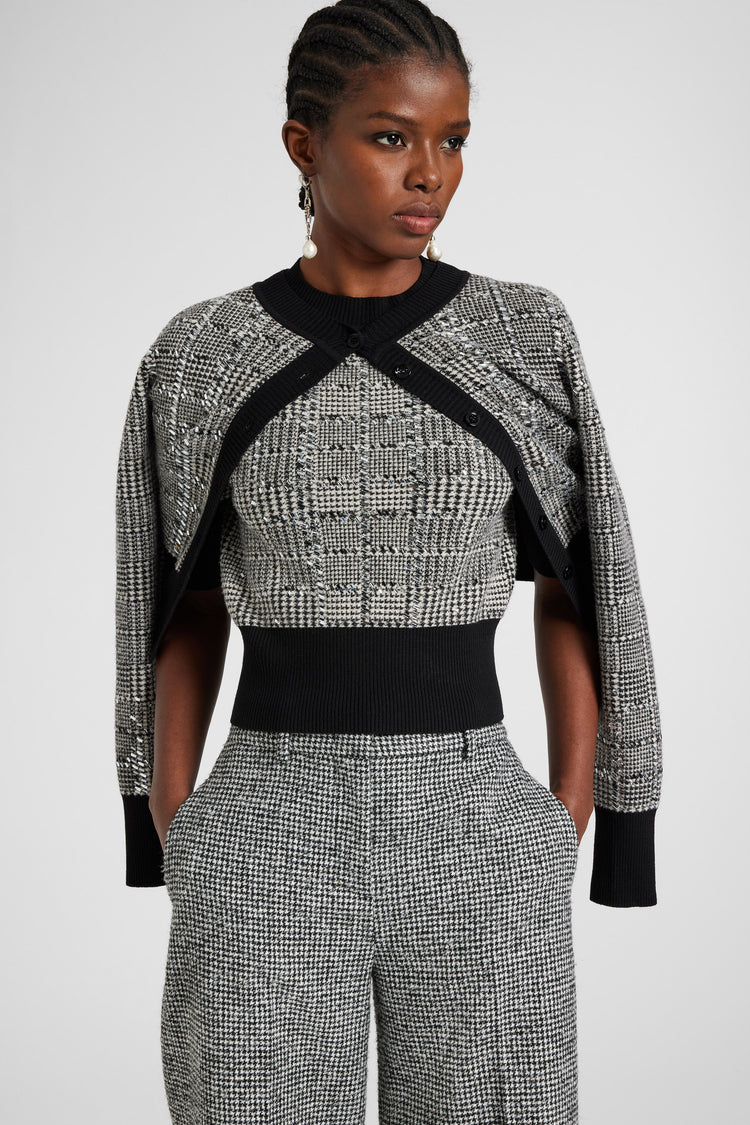 Maglia a mezza manica in misto lana con jaquard pied de poule e cristalli